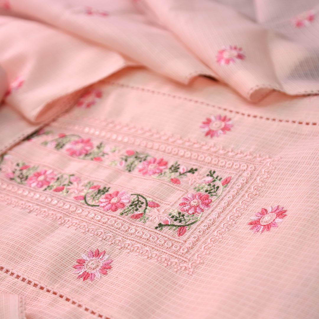 Gulmeher Pumpkin Peach Thread Embroidered Neck Kota Doriya Set