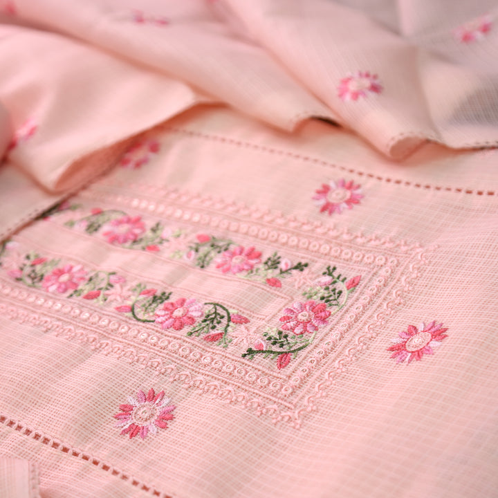 Gulmeher Pumpkin Peach Thread Embroidered Neck Kota Doriya Set