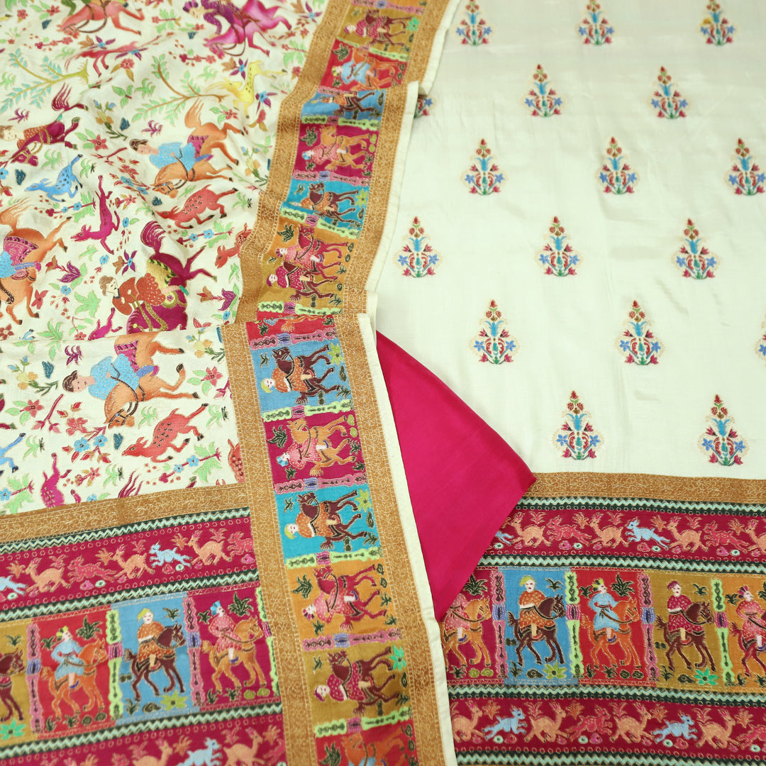 Saraayah Cream Luxe Pochampally Print in Pogishan Jacquard Weaved Gajji Silk Set