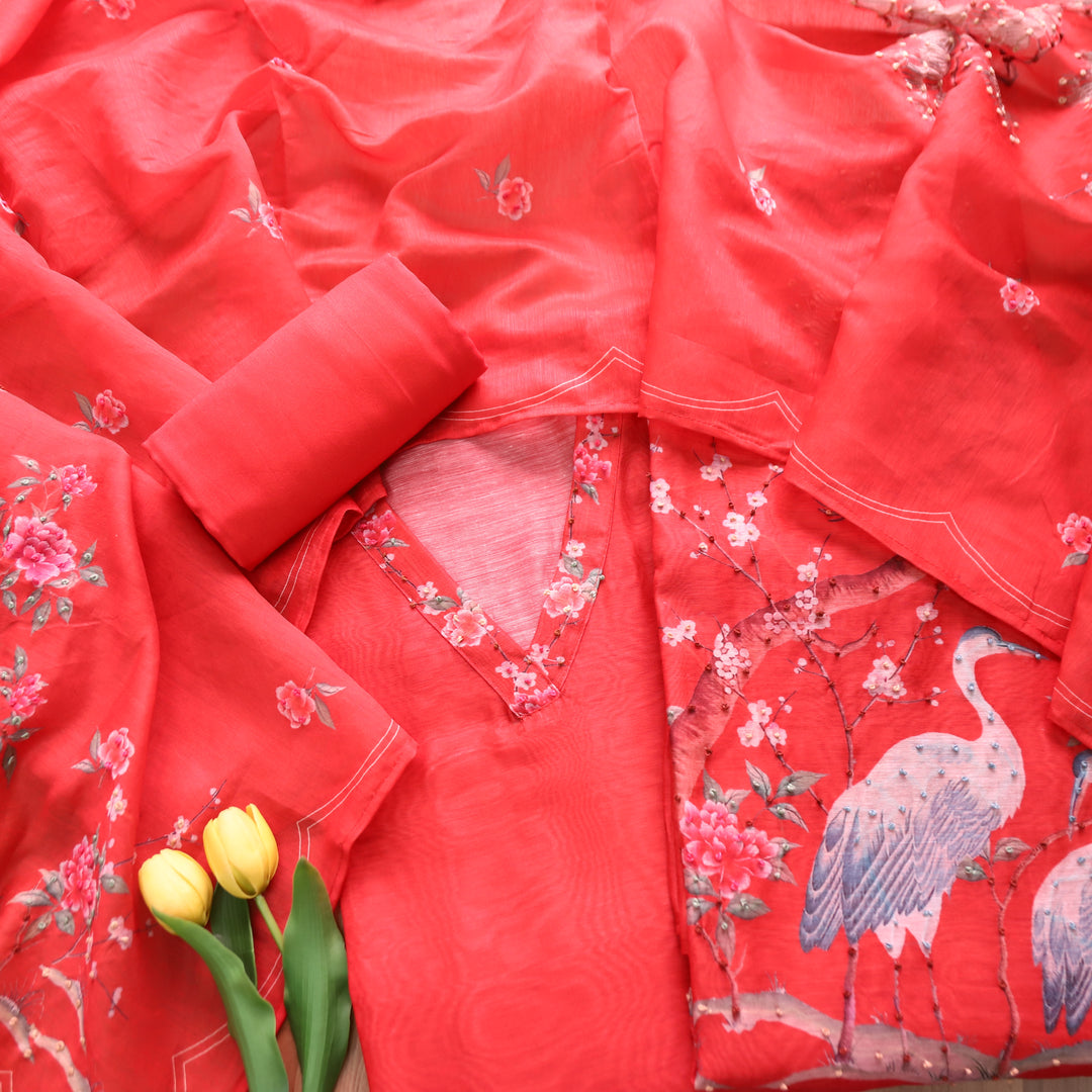 Farhana Berry Red French Knot Work Printed Hem Chandert Set
