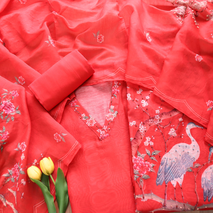 Farhana Berry Red French Knot Work Printed Hem Chandert Set