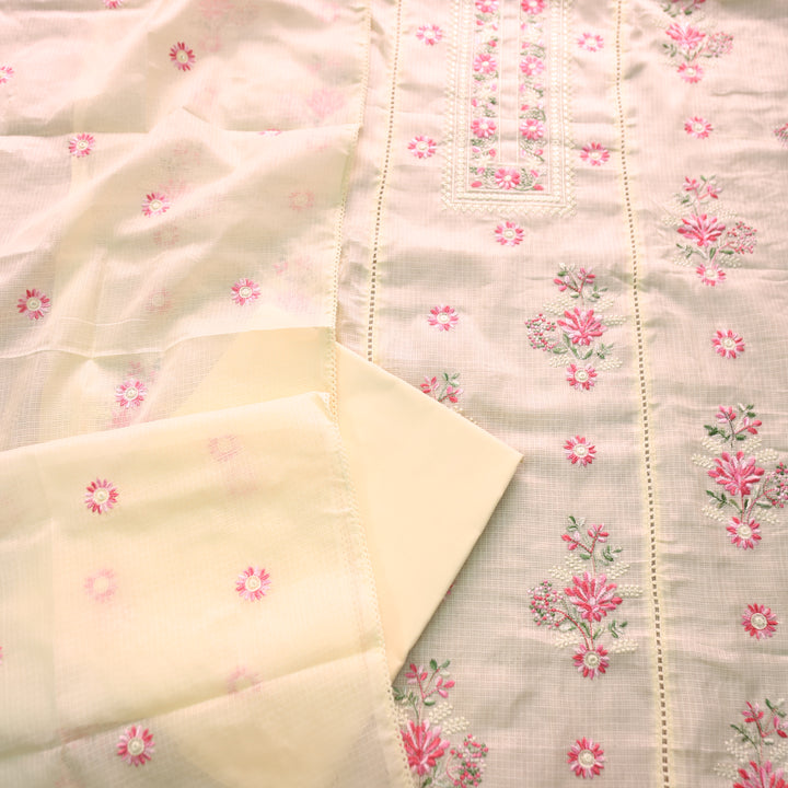 Gulmeher Butter Yellow Thread Embroidered Neck Kota Doriya Set