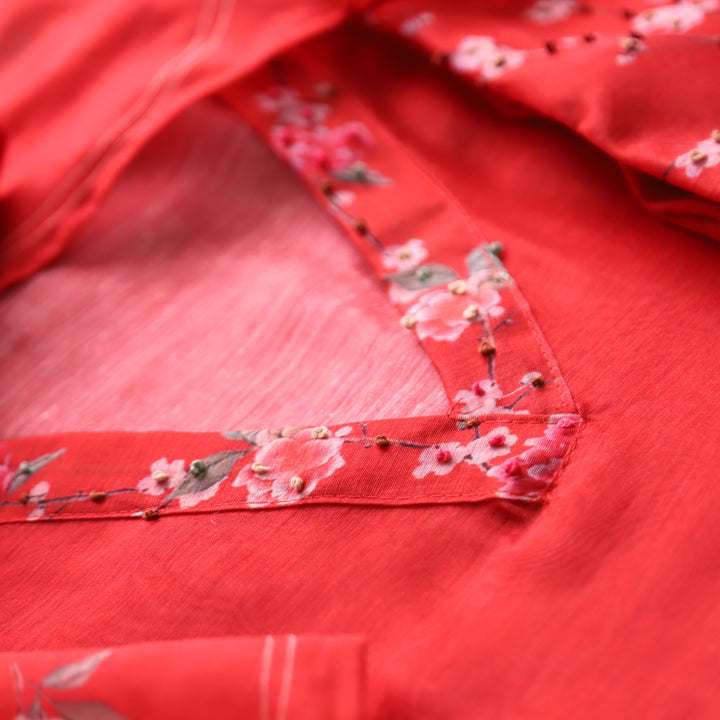Farhana Berry Red French Knot Work Printed Hem Chandert Set