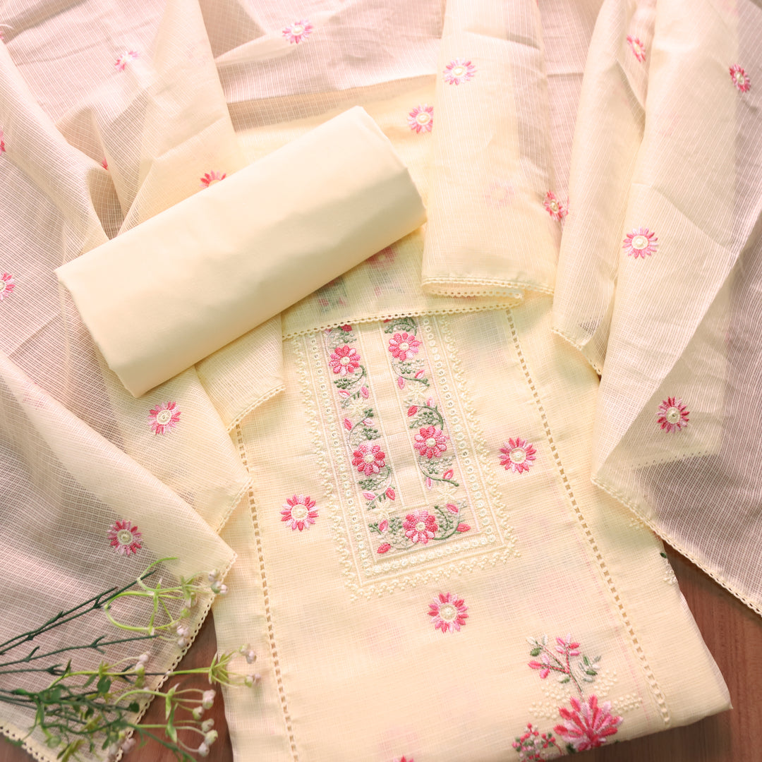 Gulmeher Butter Yellow Thread Embroidered Neck Kota Doriya Set