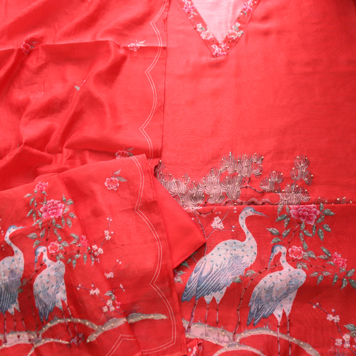 Farhana Berry Red French Knot Work Printed Hem Chandert Set