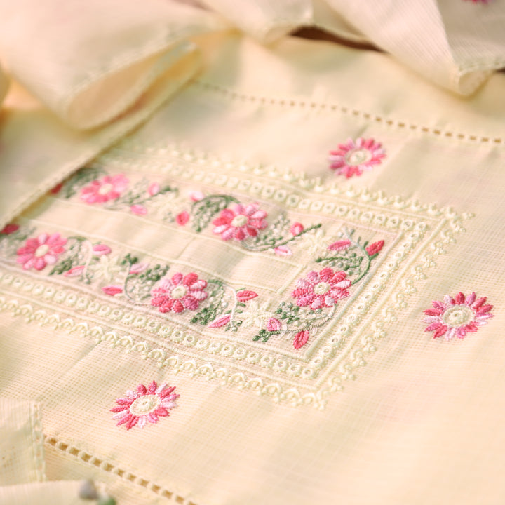 Gulmeher Butter Yellow Thread Embroidered Neck Kota Doriya Set