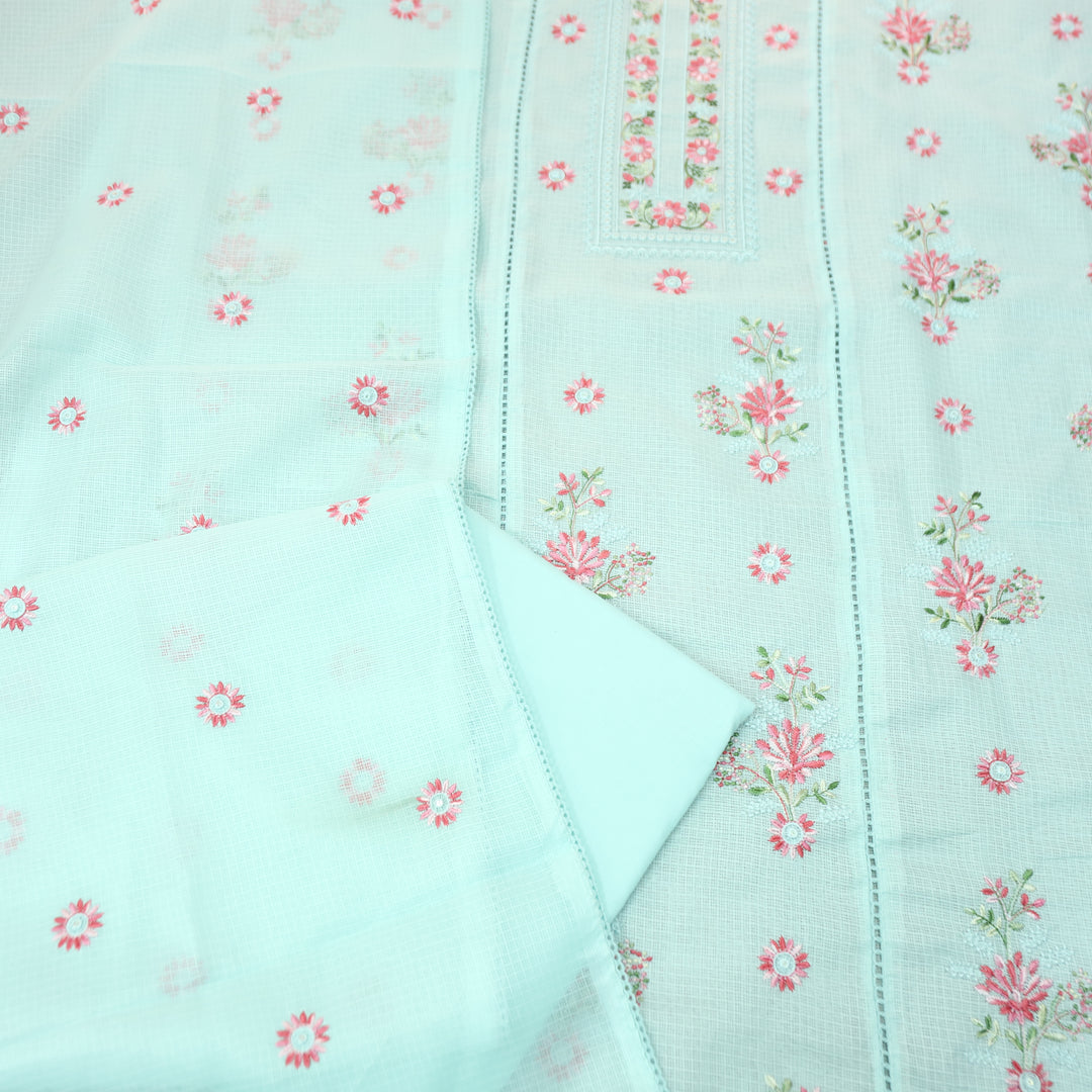 Gulmeher Powder Blue Thread Embroidered Neck Kota Doriya Set