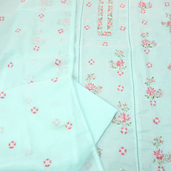 Gulmeher Powder Blue Thread Embroidered Neck Kota Doriya Set