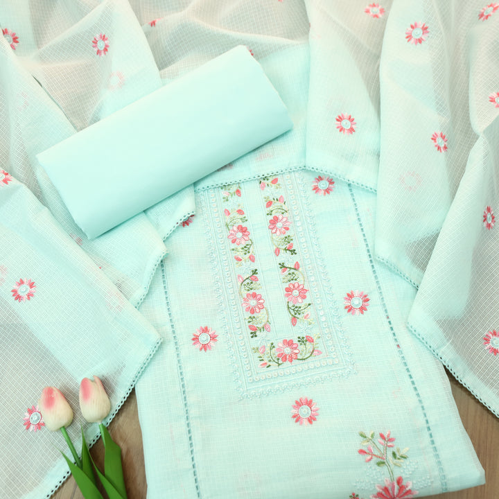 Gulmeher Powder Blue Thread Embroidered Neck Kota Doriya Set