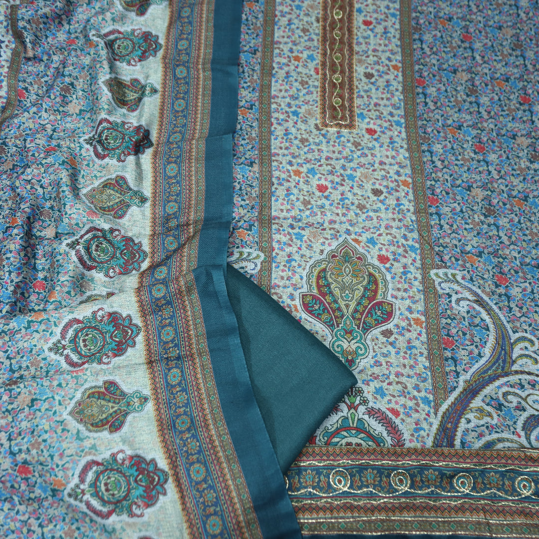 दक्षिणा Sapphire Teal Chain Zari Panel Style Kanni Print Semi Pashmina Winter Set