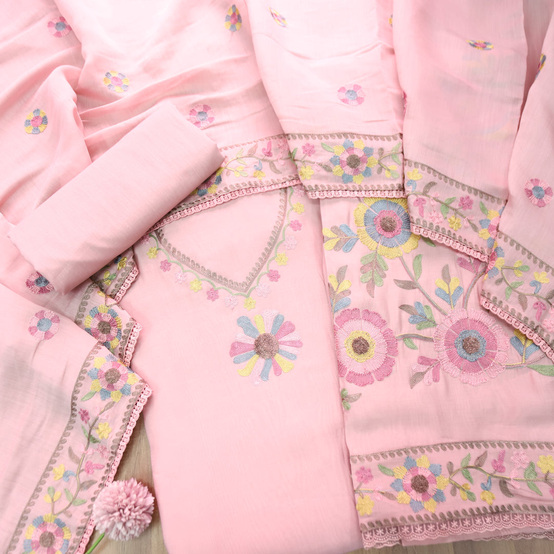 Mannat Mauve Blush Aari Embroidered Hem Mul Chanderi Set