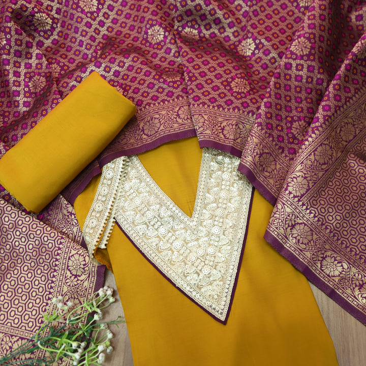 Aparna Canary Yellow V Neck with Embellish Neck Lace Work Roman Silk Suit Set