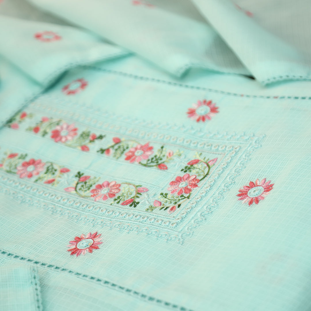 Gulmeher Powder Blue Thread Embroidered Neck Kota Doriya Set