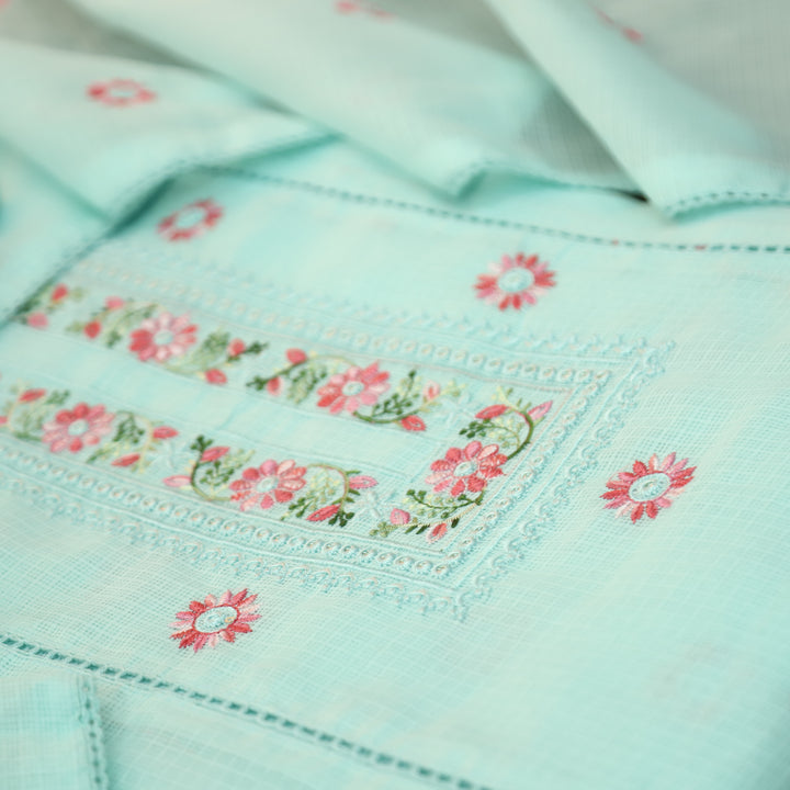 Gulmeher Powder Blue Thread Embroidered Neck Kota Doriya Set