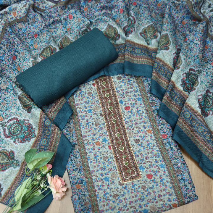 दक्षिणा Sapphire Teal Chain Zari Panel Style Kanni Print Semi Pashmina Winter Set