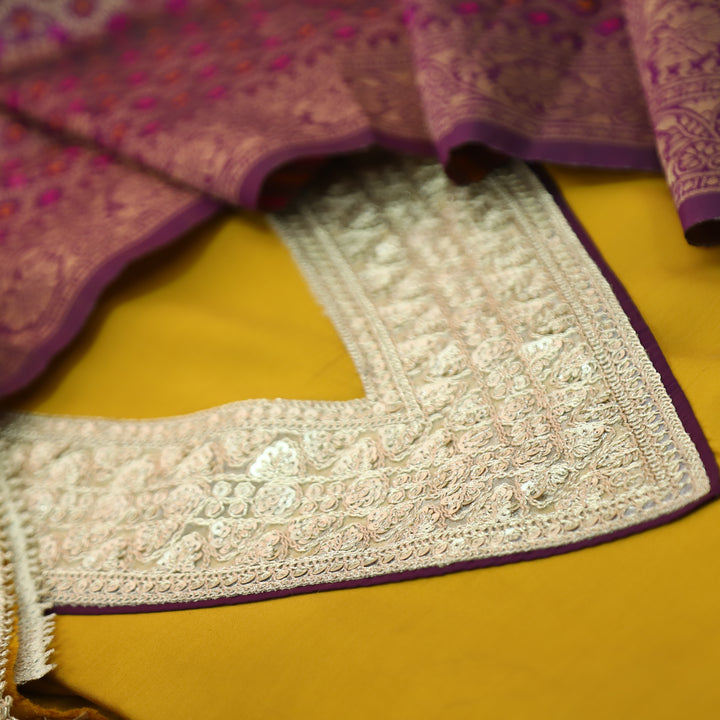 Aparna Canary Yellow V Neck with Embellish Neck Lace Work Roman Silk Suit Set