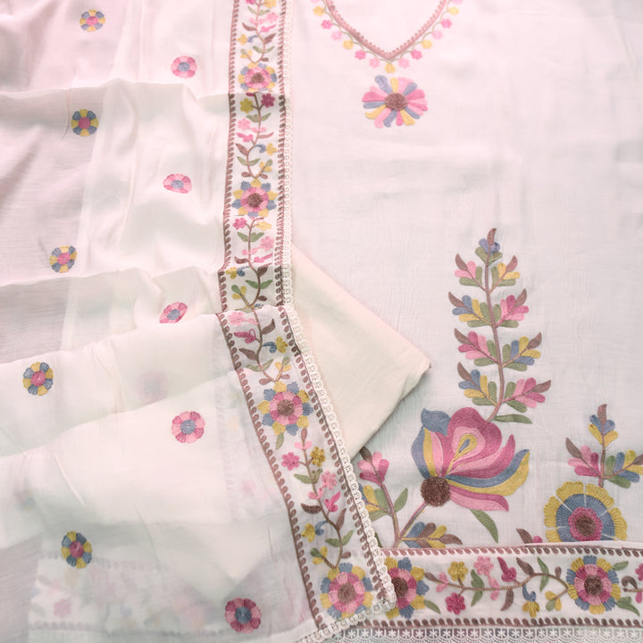 Mannat Shell White Aari Embroidered Hem Mul Chanderi Set