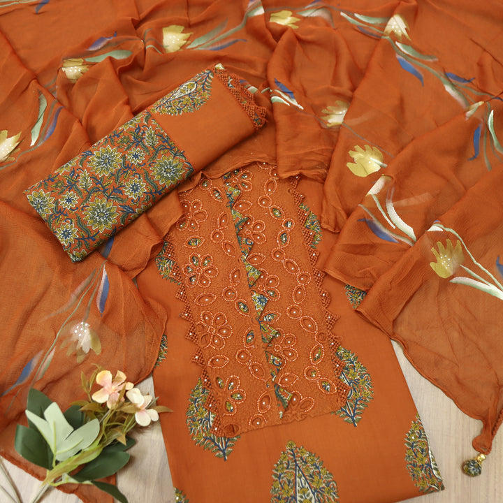 Bloom Rust Orange Kardana Yoke Work Floral Printed Cotton Set