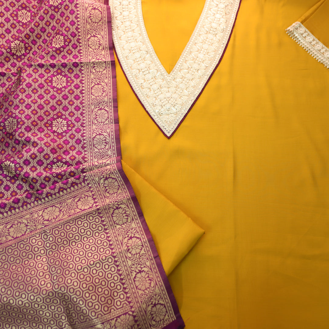 Aparna Canary Yellow V Neck with Embellish Neck Lace Work Roman Silk Suit Set