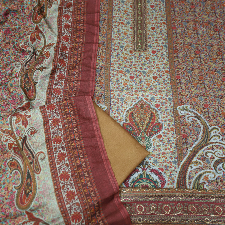 दक्षिणा Sand Beige Chain Zari Panel Style Kanni Print Semi Pashmina Winter Set