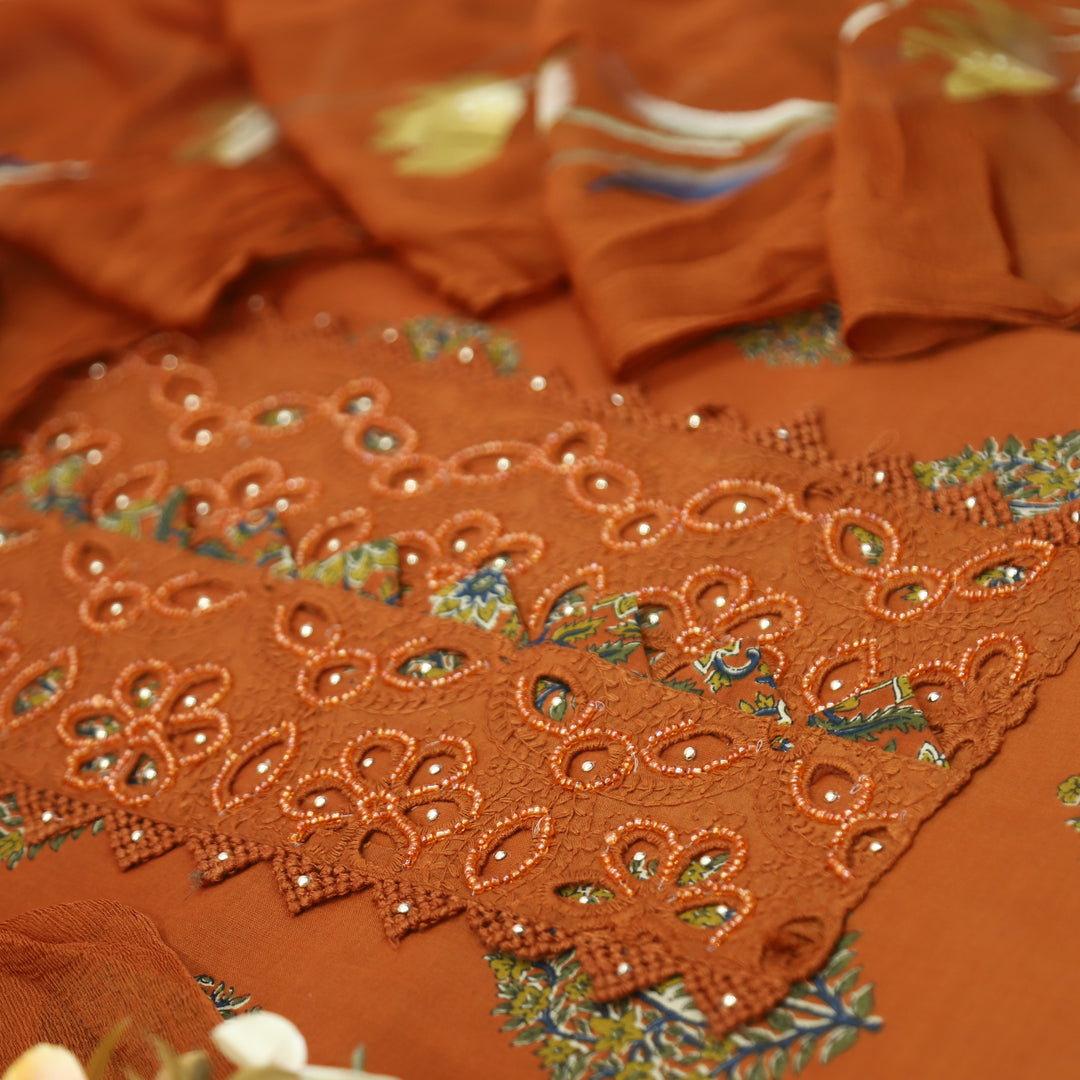 Bloom Rust Orange Kardana Yoke Work Floral Printed Cotton Set