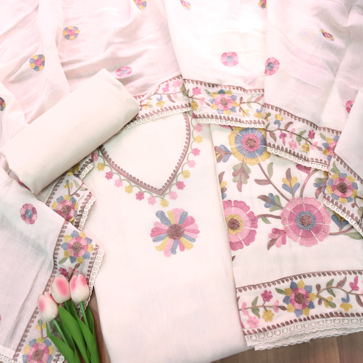 Mannat Shell White Aari Embroidered Hem Mul Chanderi Set
