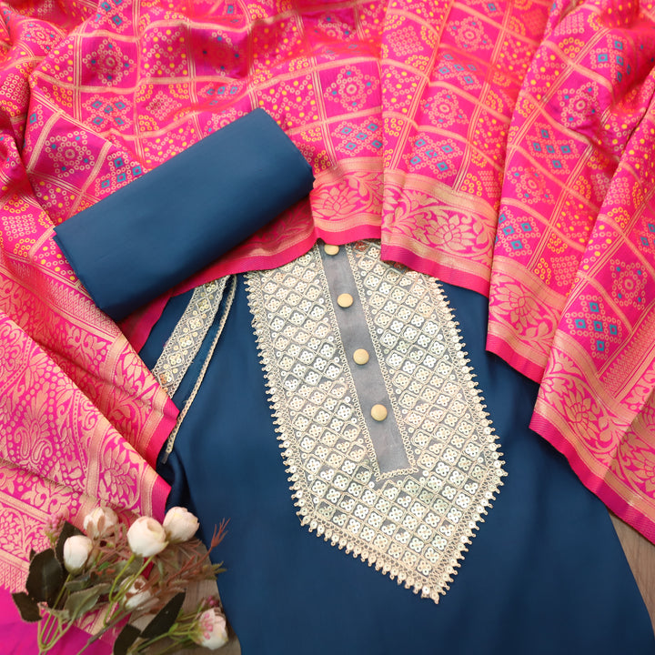 Aparna Dark Blue with Embellish Neck Lace Work Roman Silk Suit Set