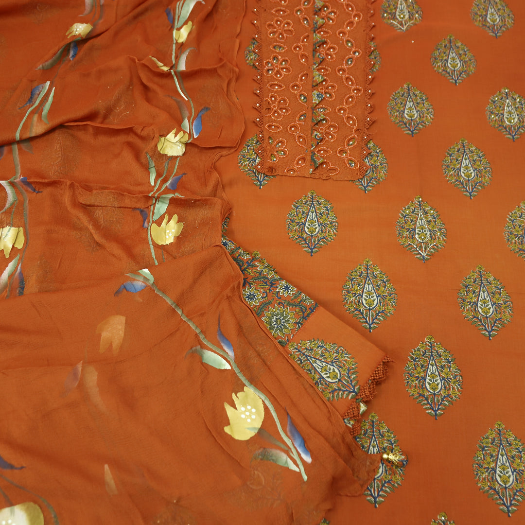 Bloom Rust Orange Kardana Yoke Work Floral Printed Cotton Set