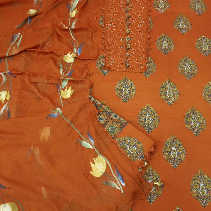 Bloom Rust Orange Kardana Yoke Work Floral Printed Cotton Set