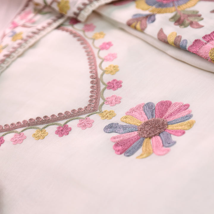 Mannat Shell White Aari Embroidered Hem Mul Chanderi Set