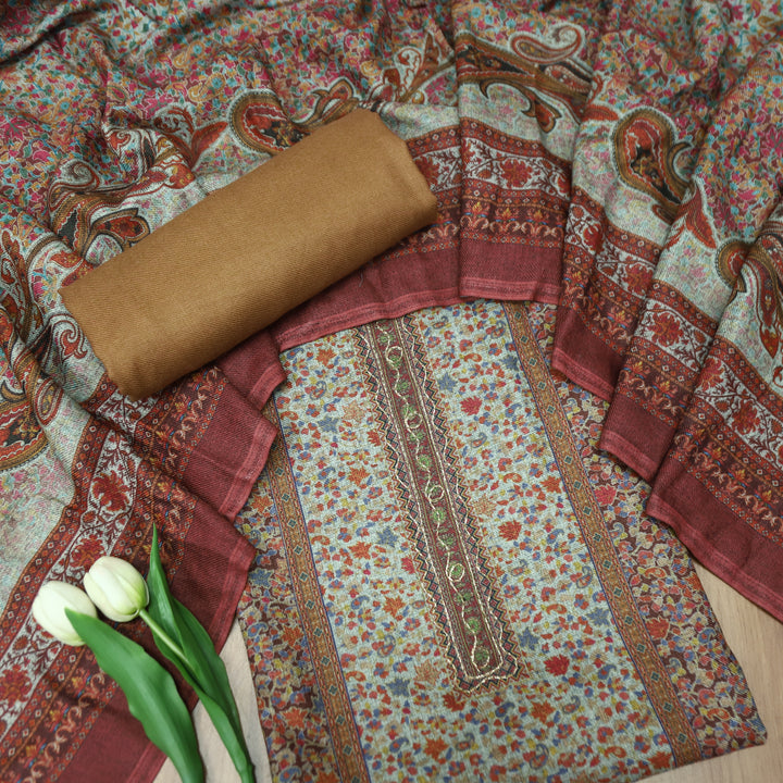 दक्षिणा Sand Beige Chain Zari Panel Style Kanni Print Semi Pashmina Winter Set