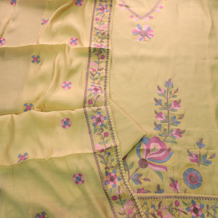 Mannat Butter Yellow Aari Embroidered Hem Mul Chanderi Set