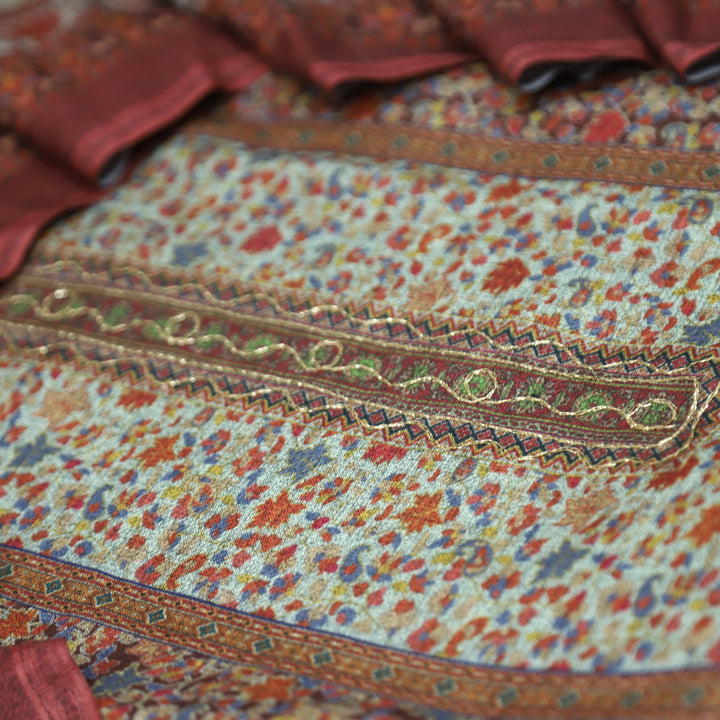 दक्षिणा Sand Beige Chain Zari Panel Style Kanni Print Semi Pashmina Winter Set