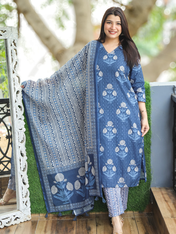 Sushmita Sapphire Blue Dabu Printed Art Chanderi Schiffli 3 Piece Set D1