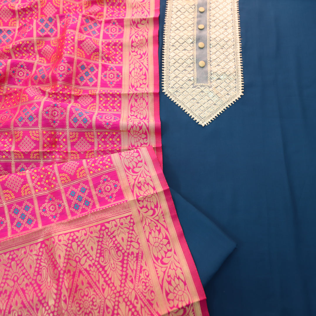 Aparna Dark Blue with Embellish Neck Lace Work Roman Silk Suit Set