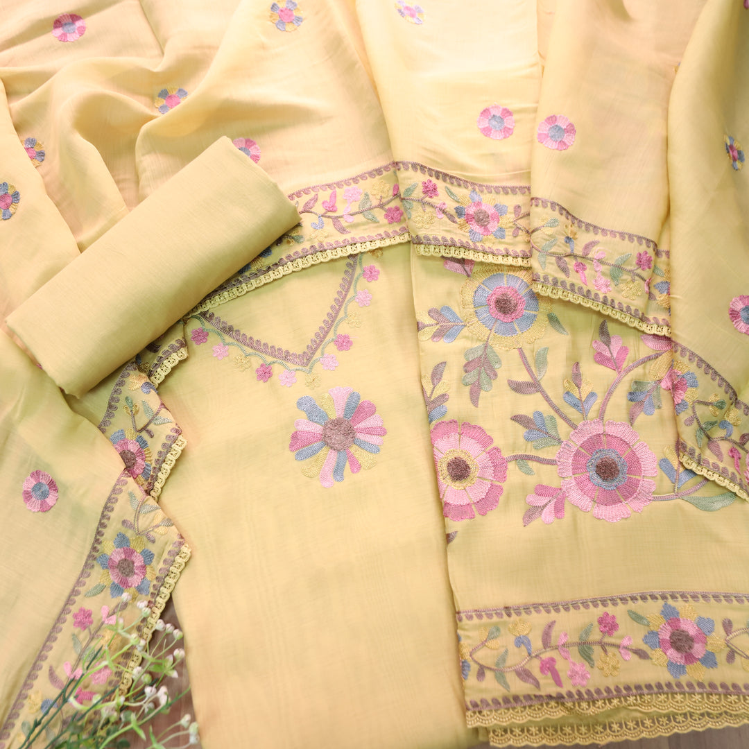 Mannat Butter Yellow Aari Embroidered Hem Mul Chanderi Set