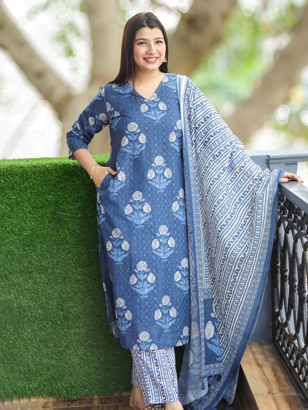Sushmita Sapphire Blue Dabu Printed Art Chanderi Schiffli 3 Piece Set D1