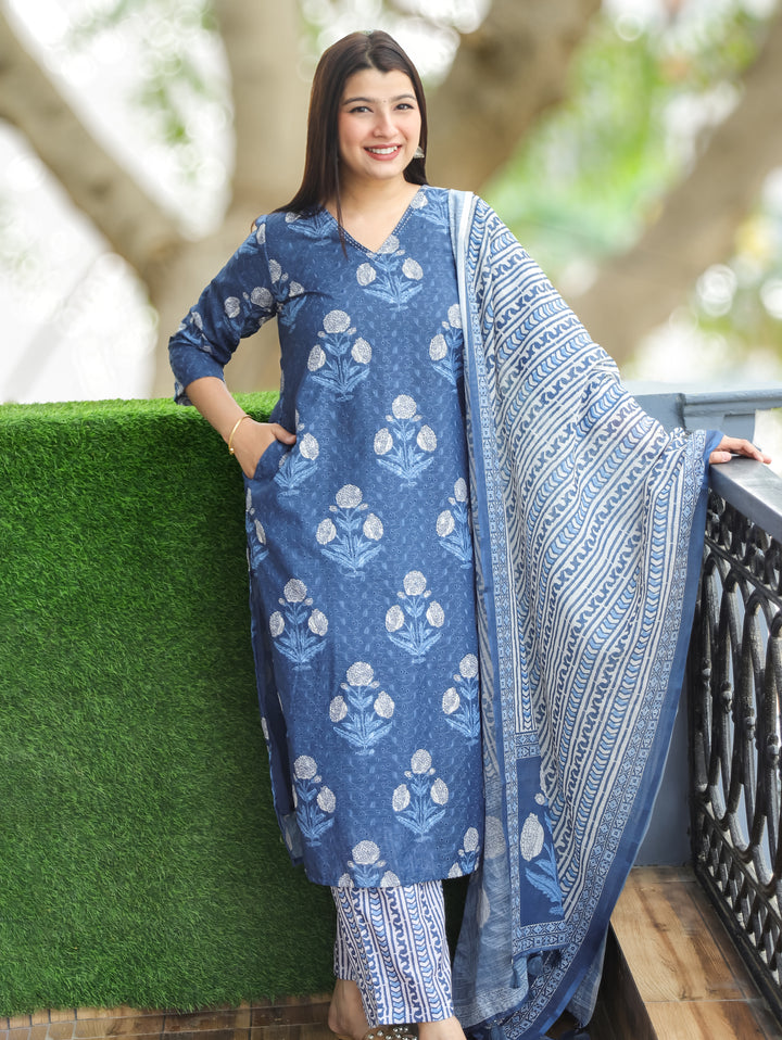 Sushmita Sapphire Blue Dabu Printed Art Chanderi Schiffli 3 Piece Set D1