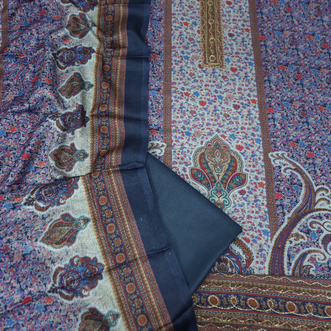 दक्षिणा Dark Indigo Chain Zari Panel Style Kanni Print Semi Pashmina Winter Set