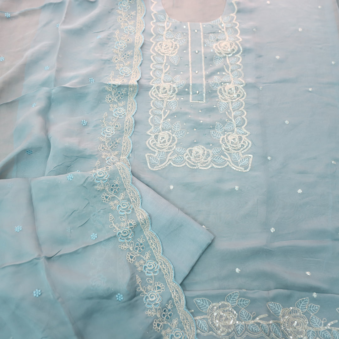 Rooh Powder Blue Embellished Neckline with Thread Work Organza Suit Set