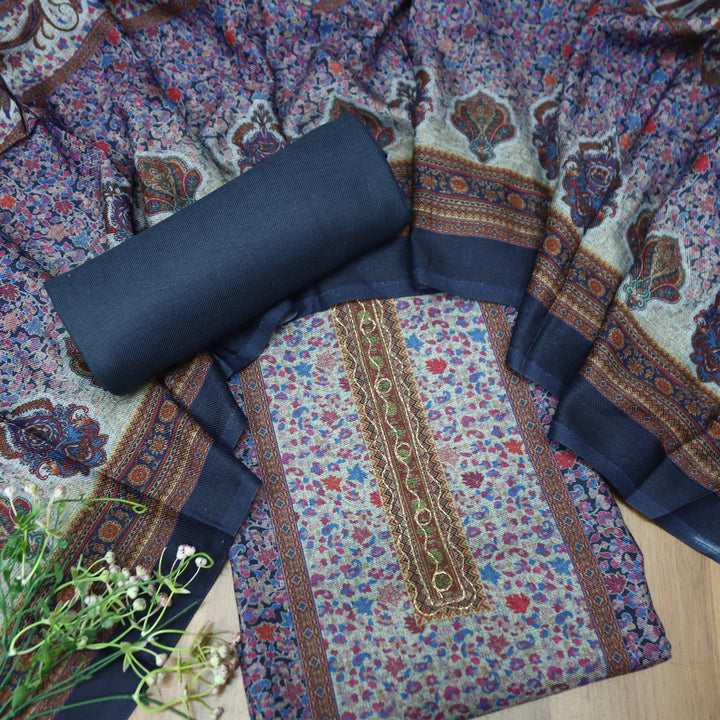 दक्षिणा Dark Indigo Chain Zari Panel Style Kanni Print Semi Pashmina Winter Set