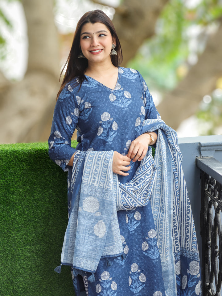Sushmita Sapphire Blue Dabu Printed Art Chanderi Schiffli 3 Piece Set D1
