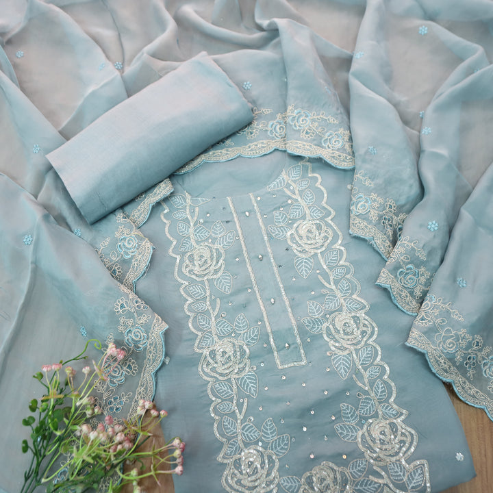 Rooh Powder Blue Embellished Neckline with Thread Work Organza Suit Set