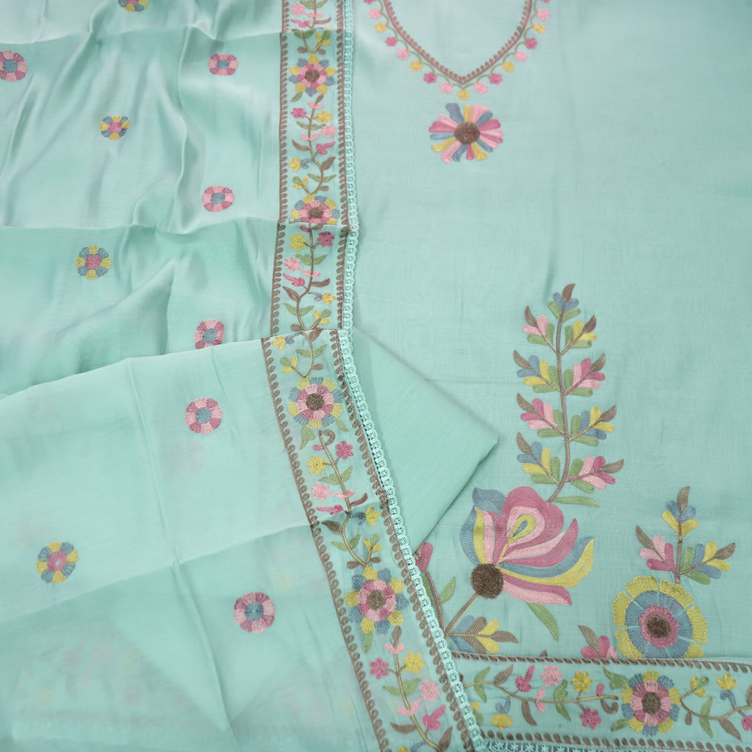 Mannat Sea Green Aari Embroidered Hem Mul Chanderi Set
