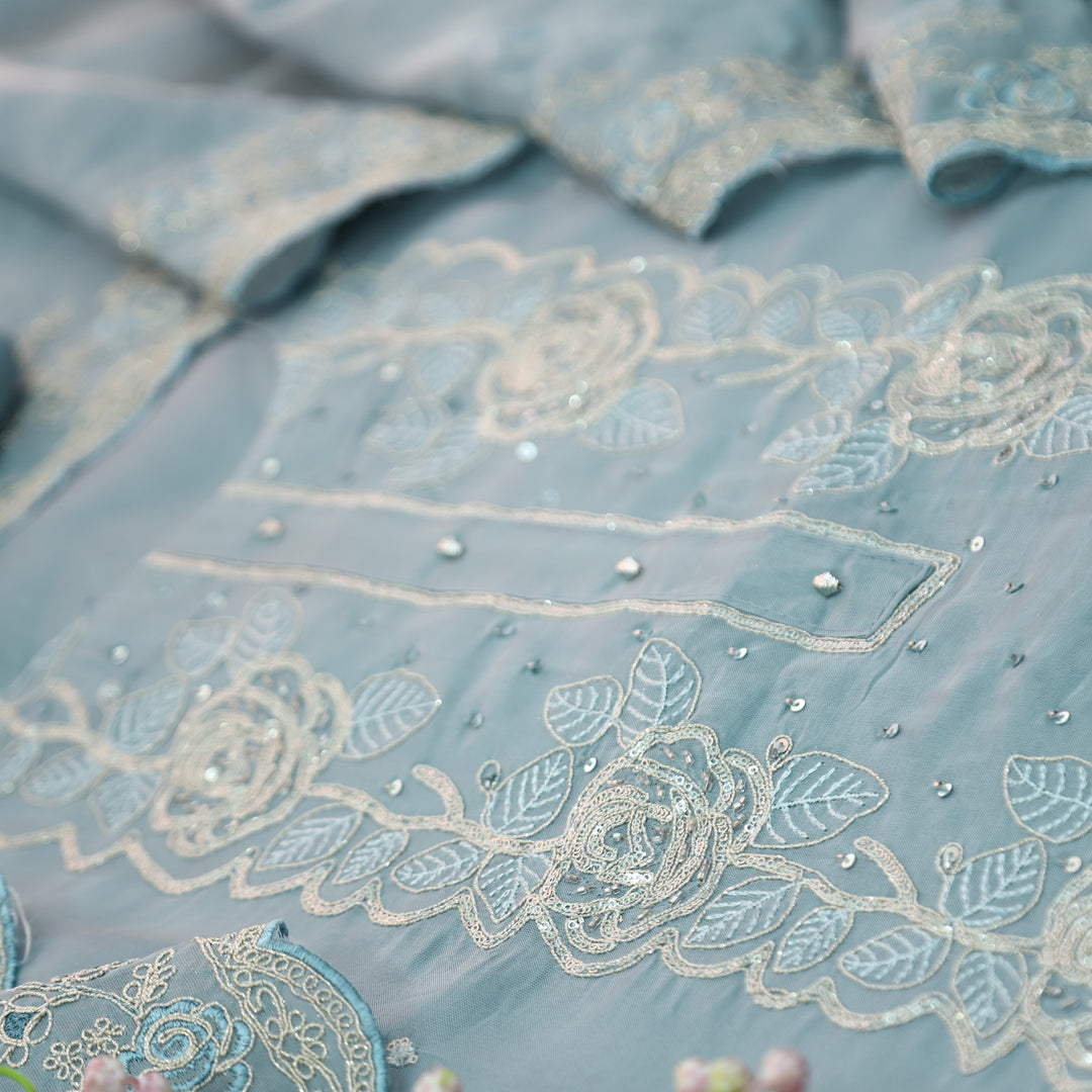 Rooh Powder Blue Embellished Neckline with Thread Work Organza Suit Set
