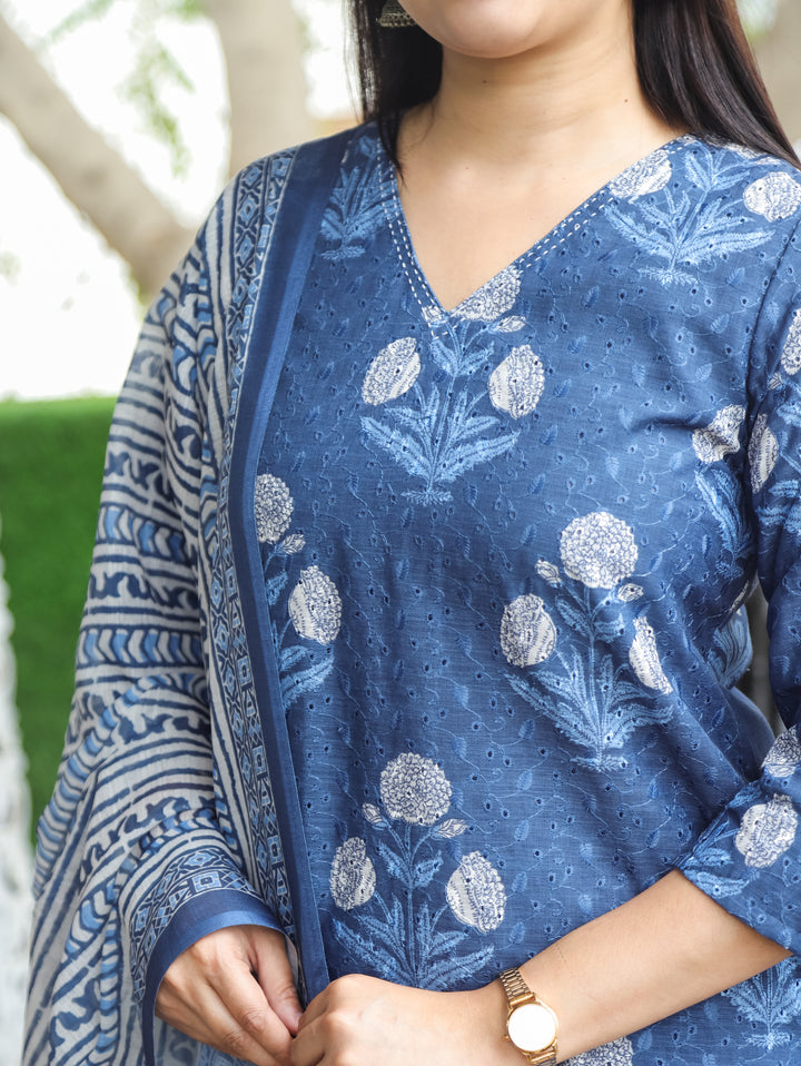 Sushmita Sapphire Blue Dabu Printed Art Chanderi Schiffli 3 Piece Set D1