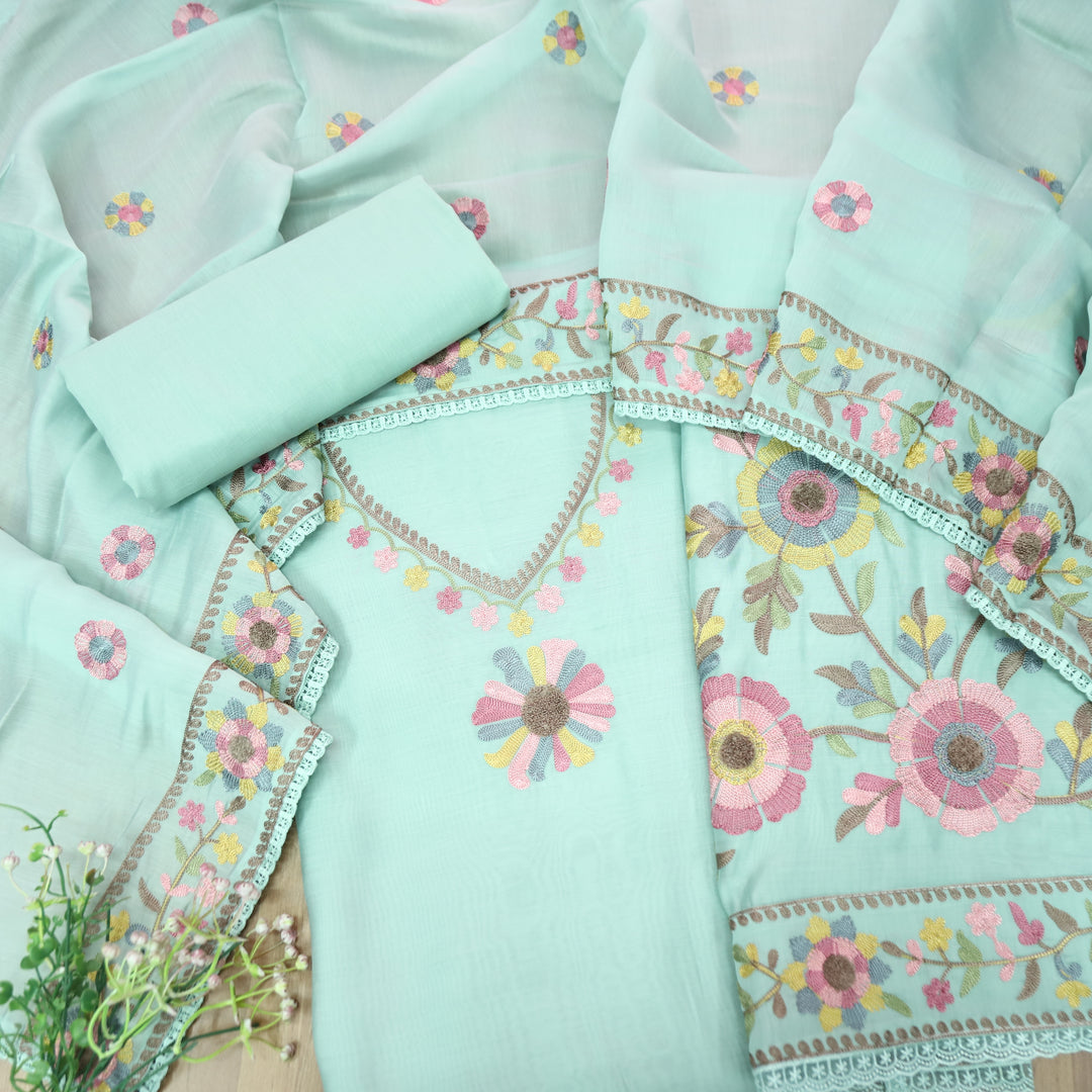 Mannat Sea Green Aari Embroidered Hem Mul Chanderi Set