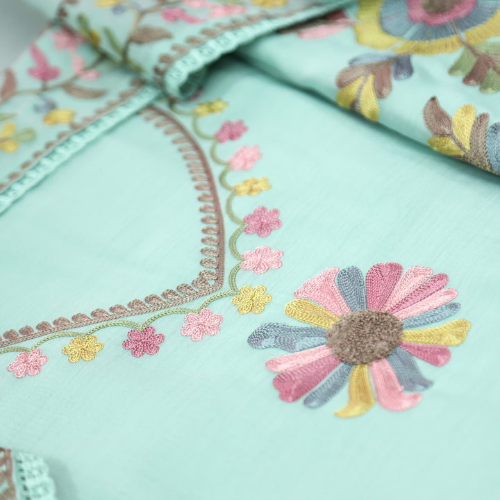 Mannat Sea Green Aari Embroidered Hem Mul Chanderi Set