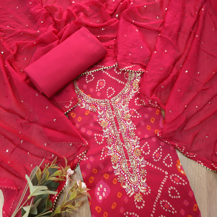 Riwaish Rani Pink  Embellish Neck Work Bandhani Print Cotton Set