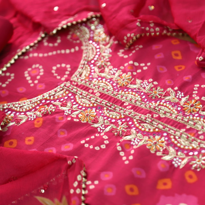Riwaish Rani Pink  Embellish Neck Work Bandhani Print Cotton Set